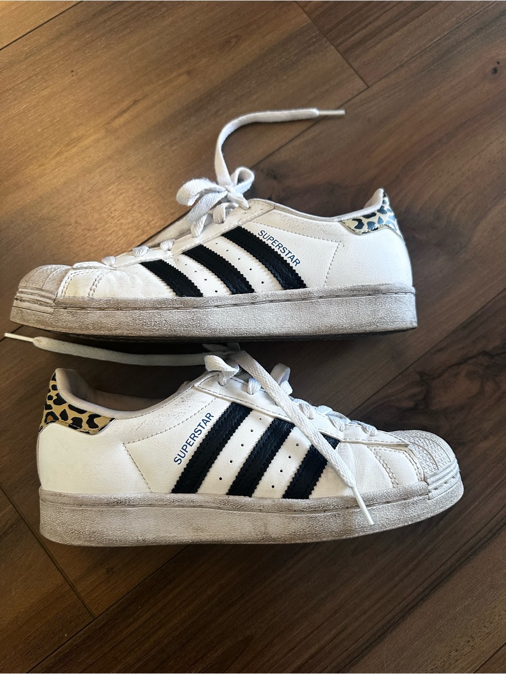 adidas Kids White Sneakers with Black Stripes and Leopard Heel